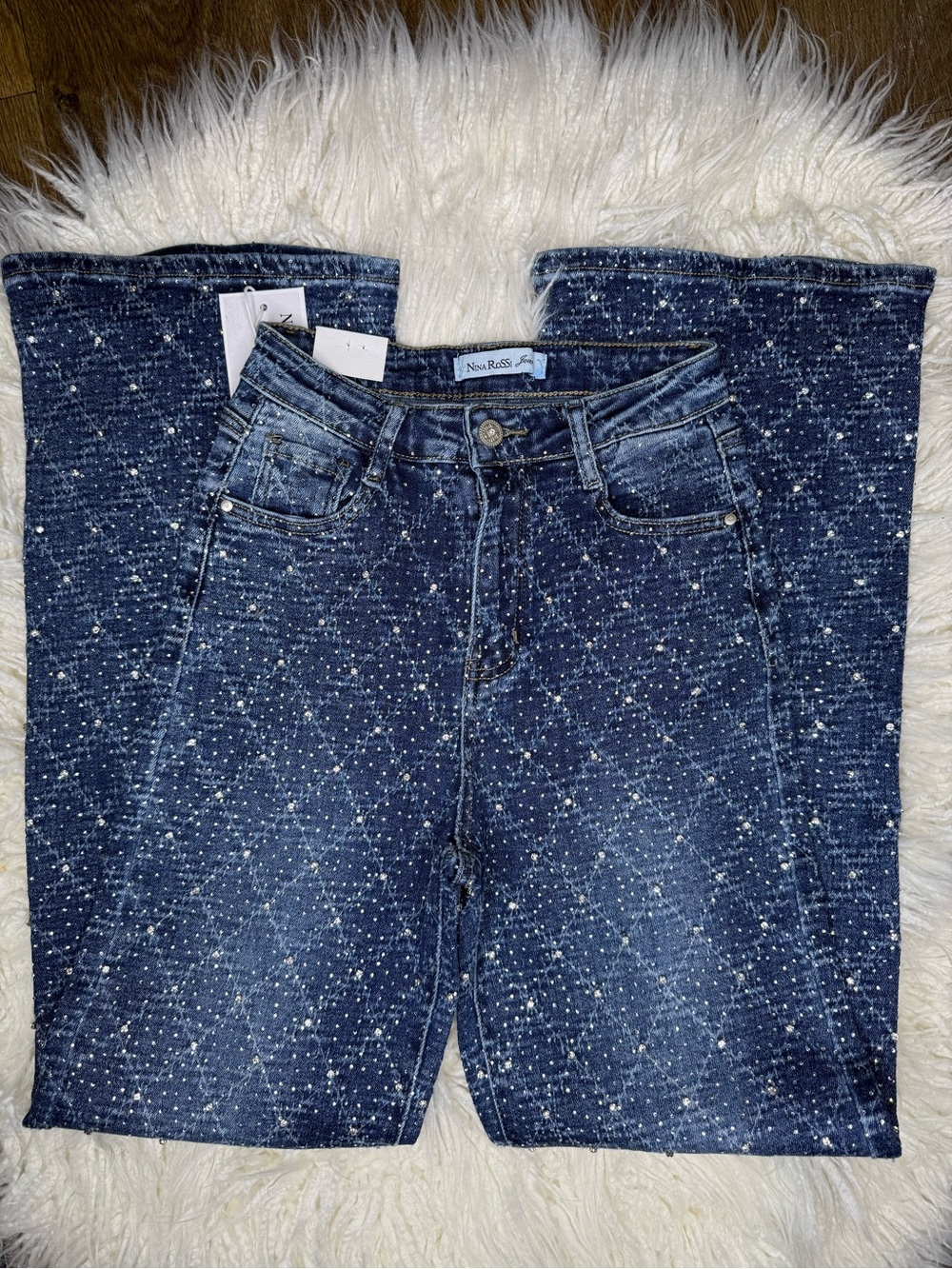 Nina Rossi Navy Sparkly High Rise Straight-Leg Jeans Rare
